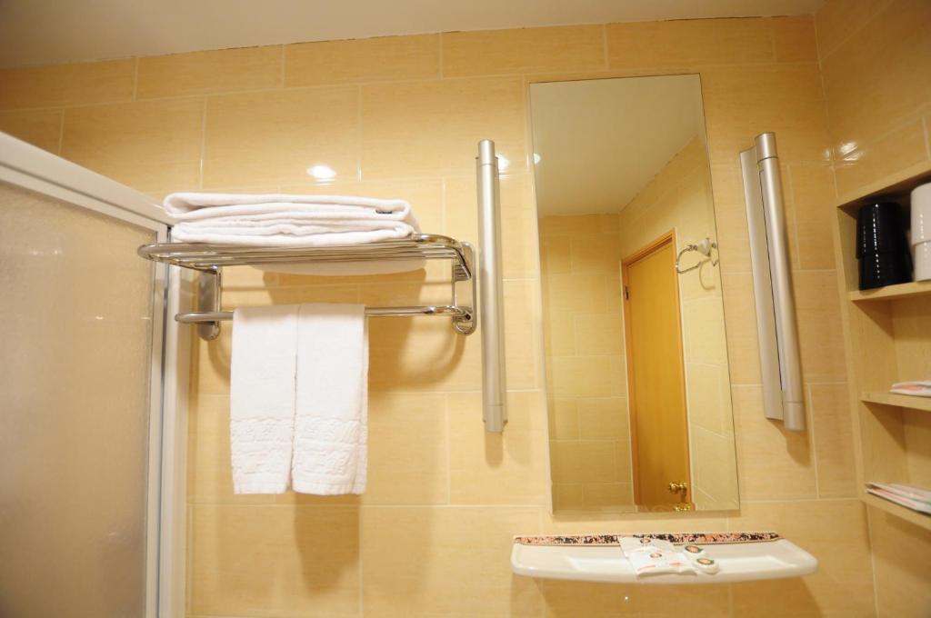 a bathroom with a towel rack and a mirror at Kindness Hotel - Jhong Jheng in Kaohsiung