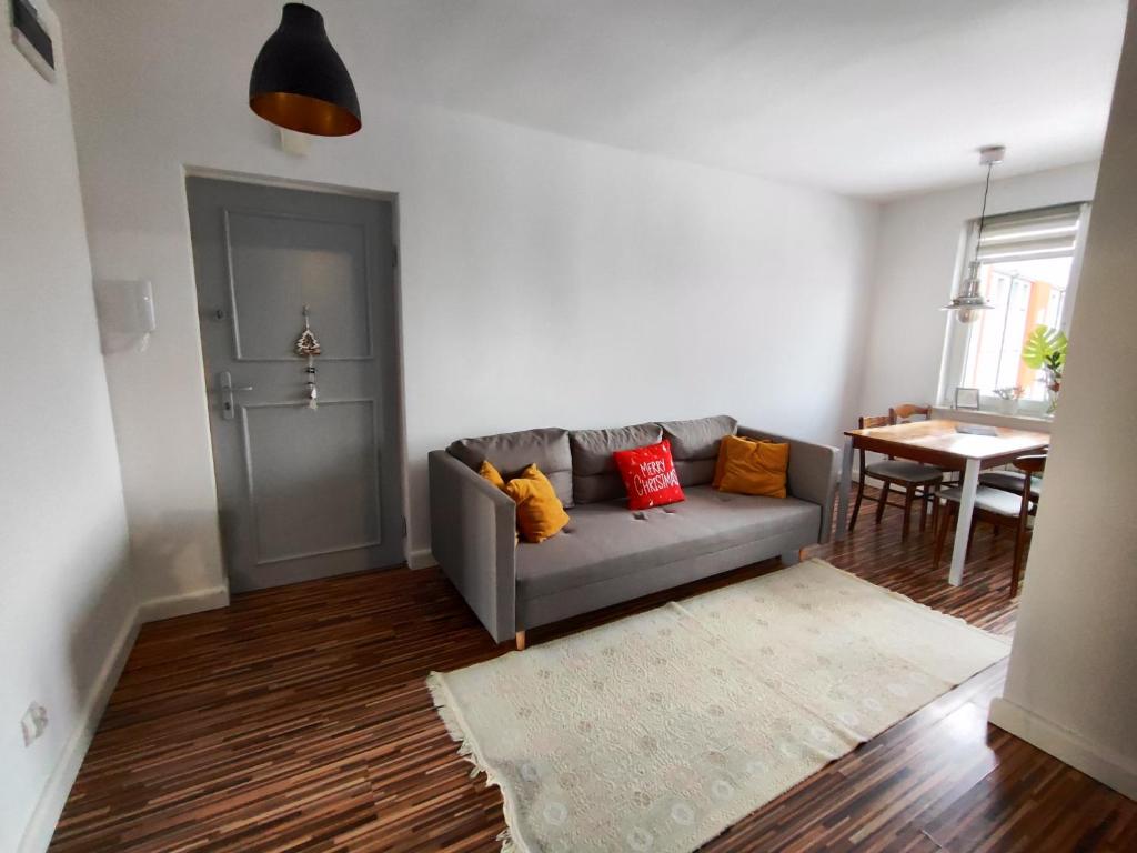 - un salon avec un canapé gris et une table dans l'établissement Apartament 6 osób Włodawa, à Włodawa