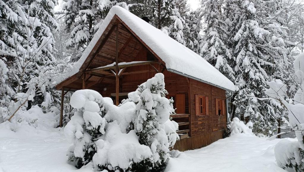 uma cabana coberta de neve numa floresta nevada em Chata Sport Vysočina em Nové Město na Moravě