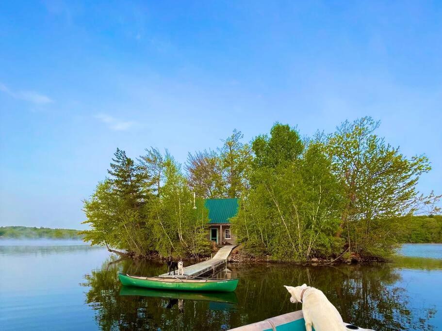 Log Cabin at Naughty Dog Private Island في Winthrop: منزل في جزيرة ويوجد به قاربين في الماء