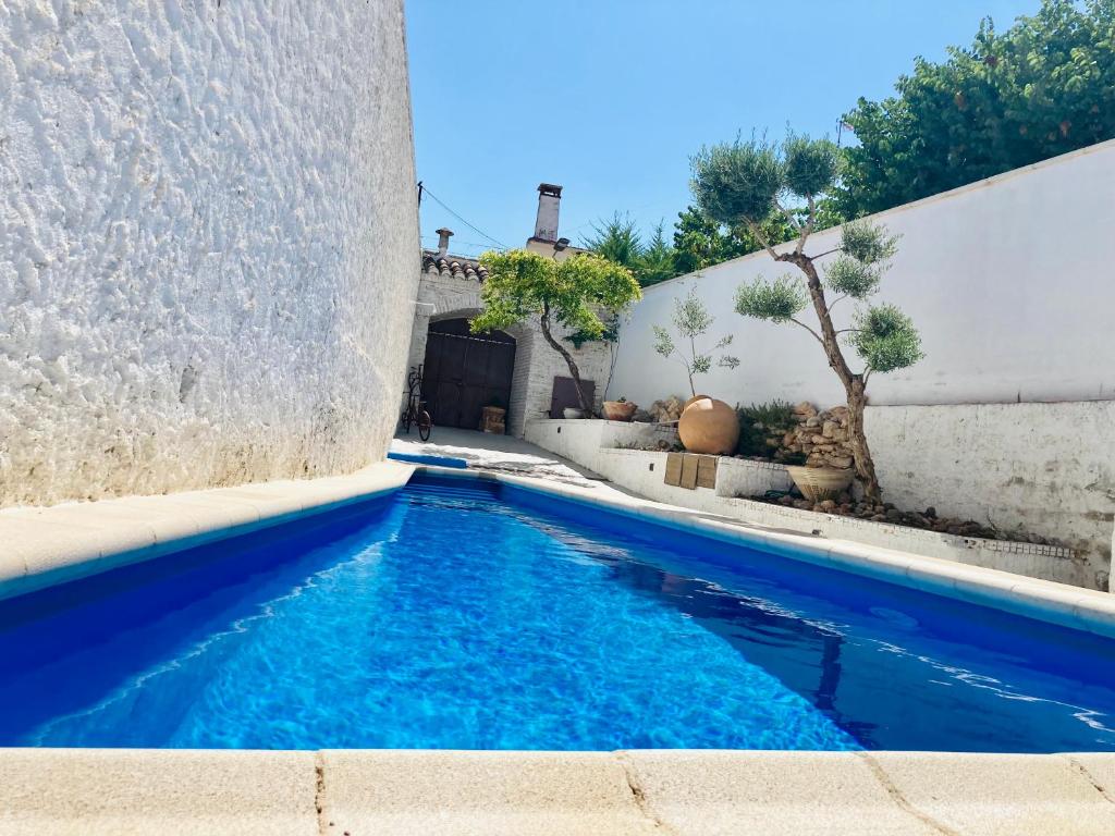 a blue swimming pool in a yard with a wall at Casa cueva El Nido Casa Rural in Casas de los Teatinos
