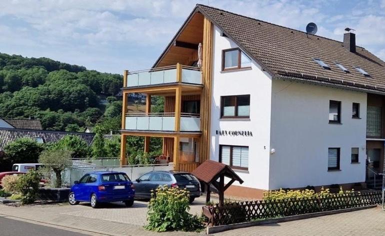 ein großes weißes Haus mit Autos auf einem Parkplatz in der Unterkunft Haus Cornelia in Einruhr