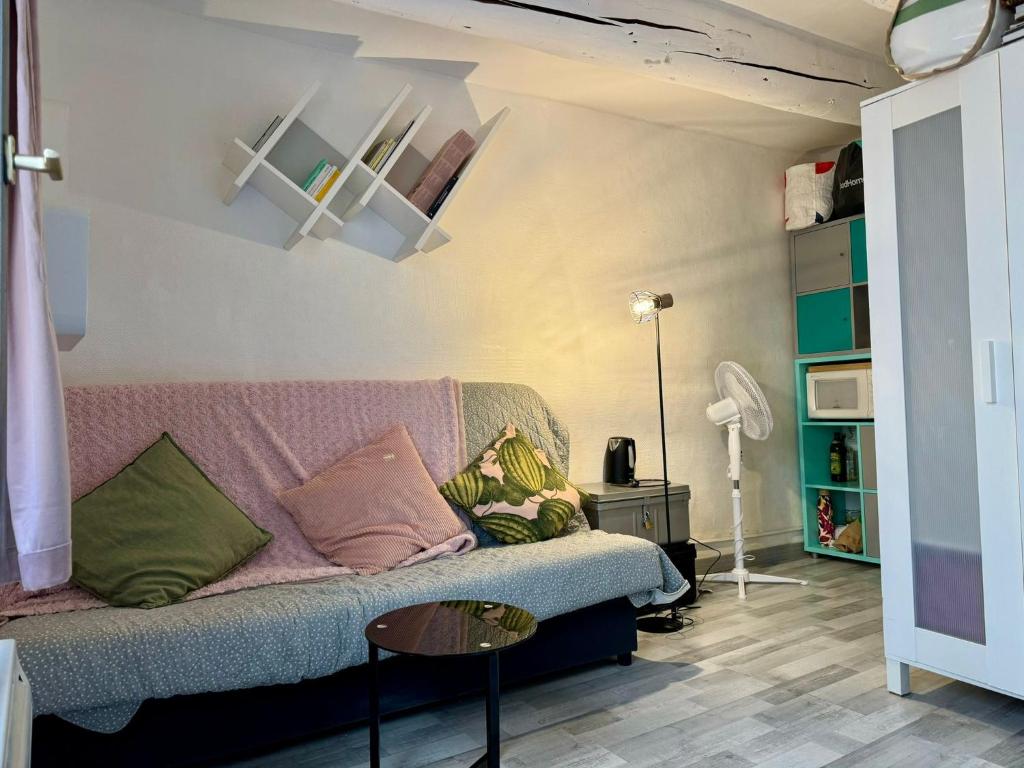 un salon avec un canapé et une table dans l'établissement Studio cosy hypercentre Aix, à Aix-en-Provence