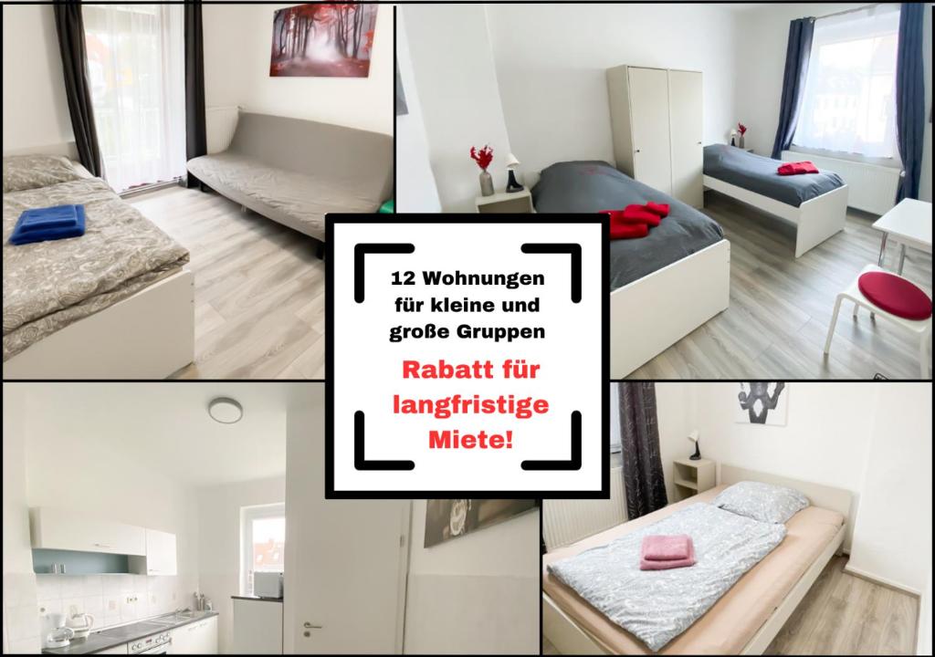 un collage de quatre photos d'une pièce dans l'établissement Schöne Monteurwohnung in Bremen-Gröpelingen, à Brême