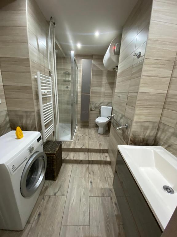 a bathroom with a washing machine and a sink at Vlastná izba 5min od letiska in Bratislava