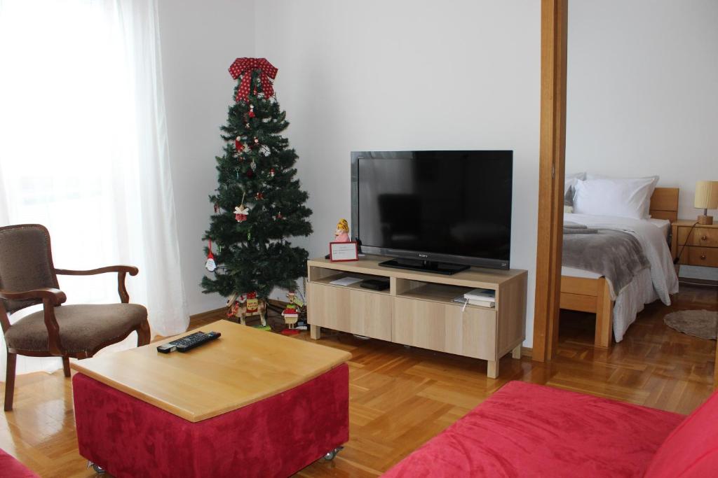 a living room with a christmas tree and a television at Apartman Božić in Šišava