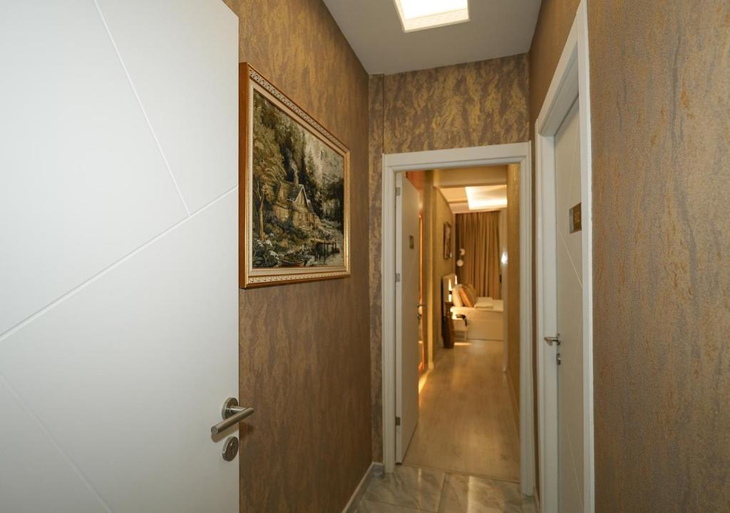 a hallway with a painting on the wall next to a door at Luxury Medea Taksim Hotel in Istanbul