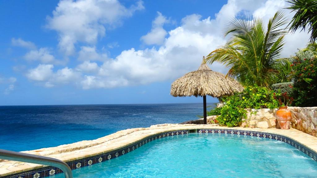 a swimming pool with the ocean in the background at Lagun Blou Resort in Lagun