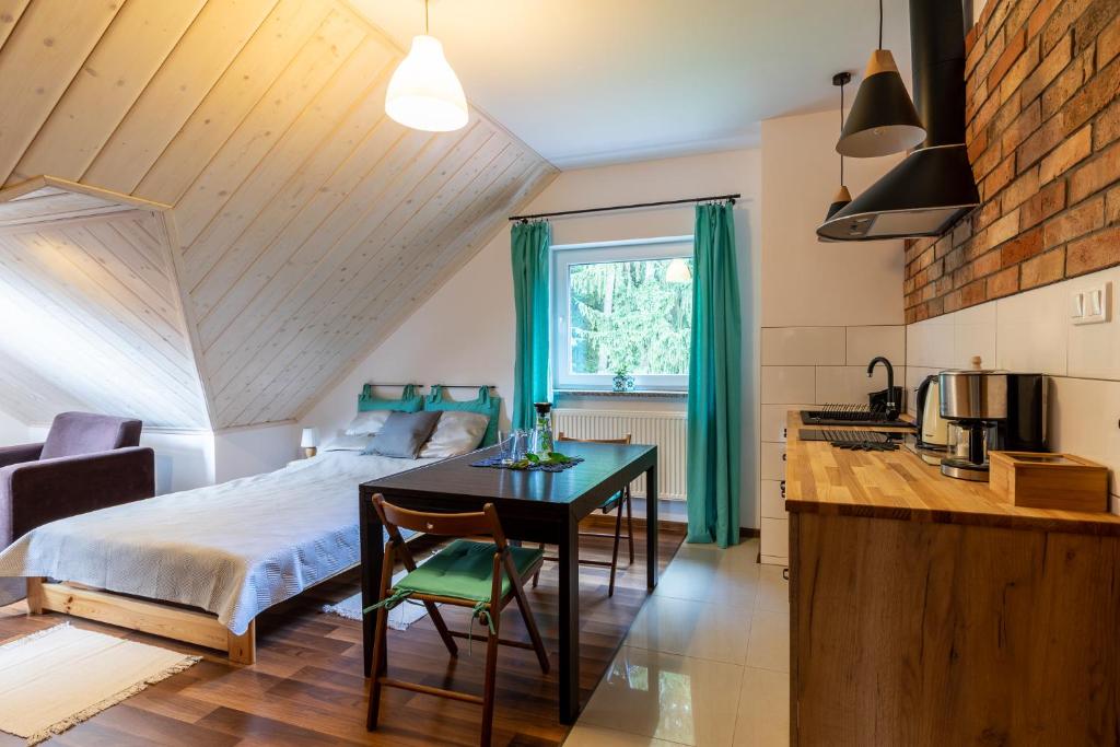 a bedroom with a bed and a table and a kitchen at Nasze Górskie in Wojcieszyce