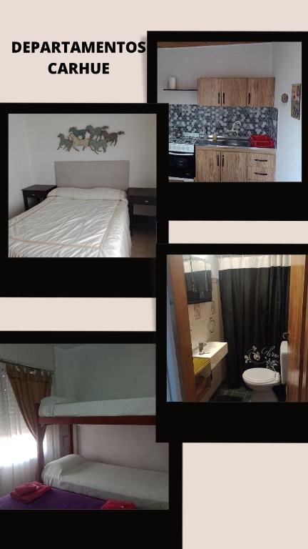 un collage de photos d'une chambre et d'un lit dans l'établissement Departamentos CARHUE, à Carhué