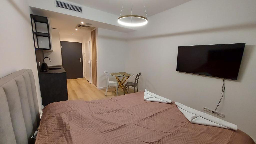 a bedroom with a bed with a flat screen tv on the wall at Poznań Plac Wolności 6 Bond in Poznań