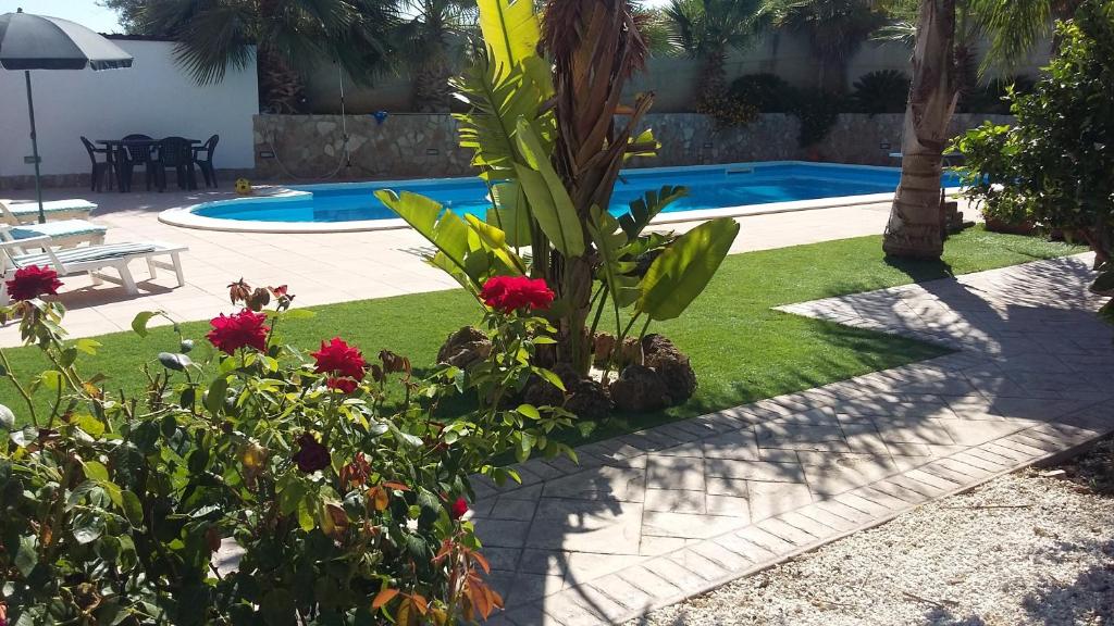 a garden with a pool and a palm tree and flowers at B&B Castellazzo in Paceco