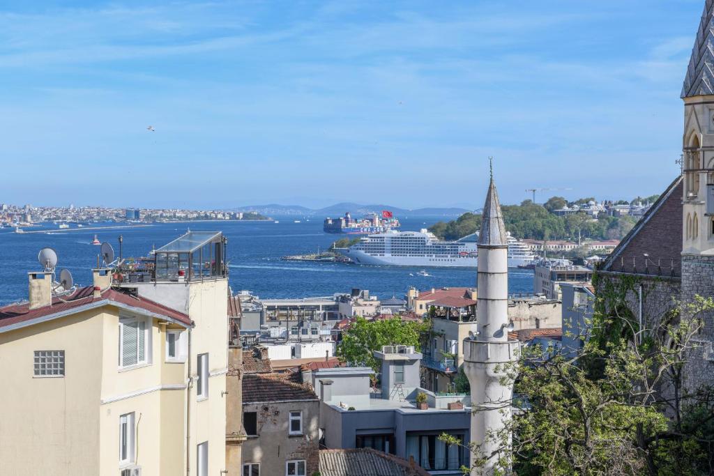 vistas a una ciudad con un crucero en el agua en Rooms Galata, en Estambul