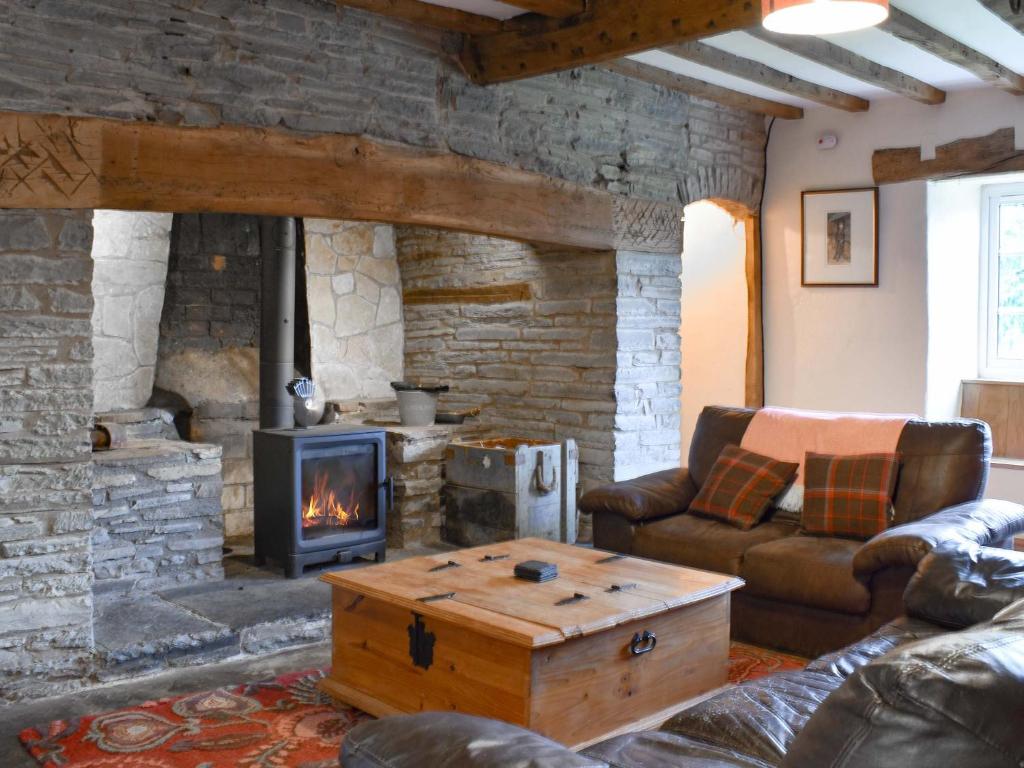 a living room with a couch and a fireplace at Lower Farm in Llanfihangel Rhydithon