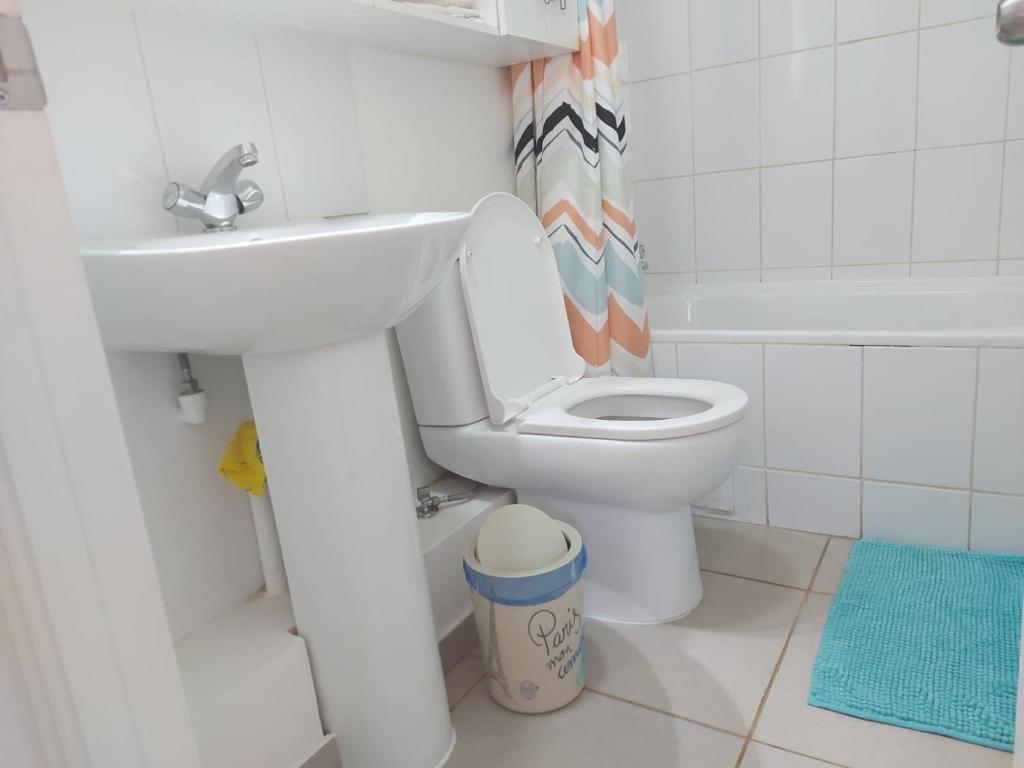 La salle de bains est pourvue d'un lavabo, de toilettes et d'une baignoire. dans l'établissement Acogedor departamento en Caldera, Bahía Inglesa, con Aire Acondicionado, à Caldera