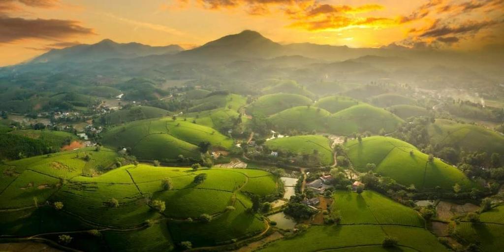 - une vue aérienne sur une vallée verdoyante avec des montagnes dans l'établissement Homestay Long Cốc thanh biên, 