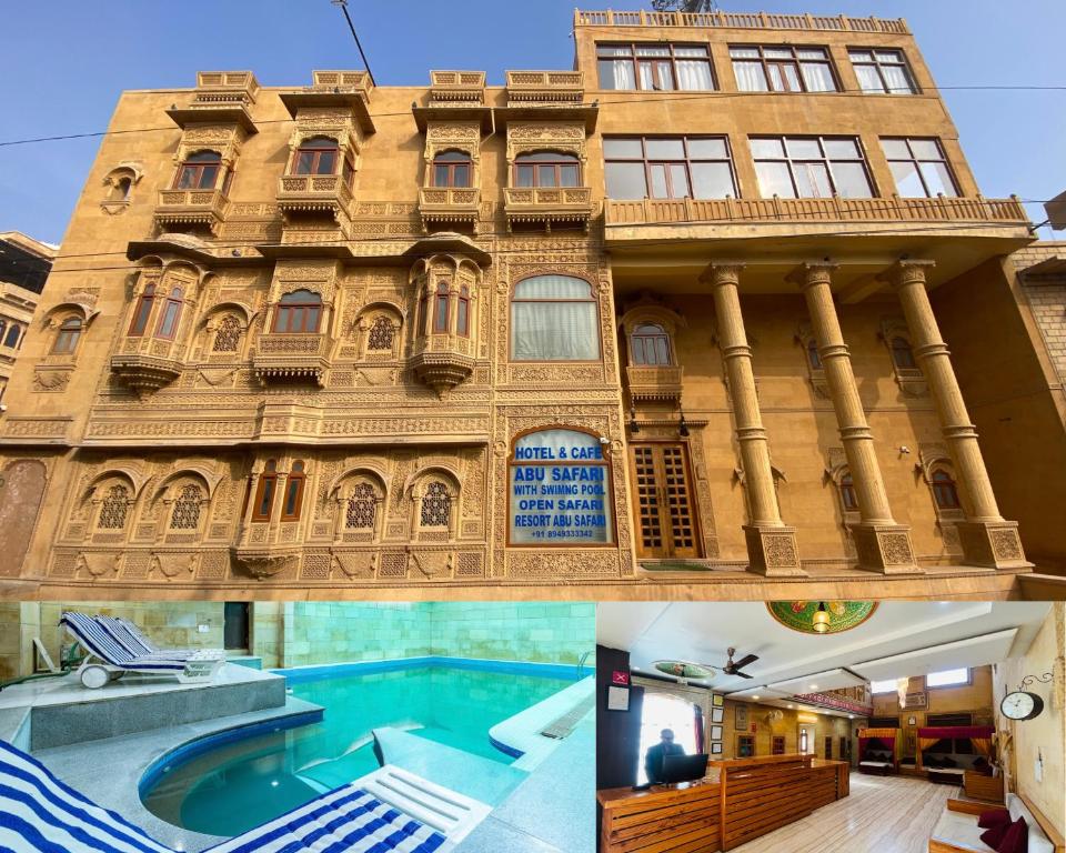 a building with a pool in front of it at Abu Safari Jaisalmer Hostel & Hotel in Jaisalmer