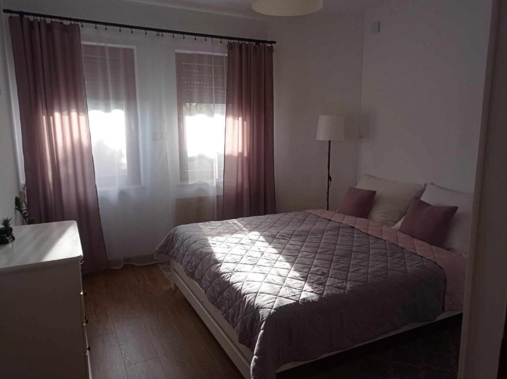 a bedroom with a large bed with a window at Apartament Herberta in Oborniki Śląskie