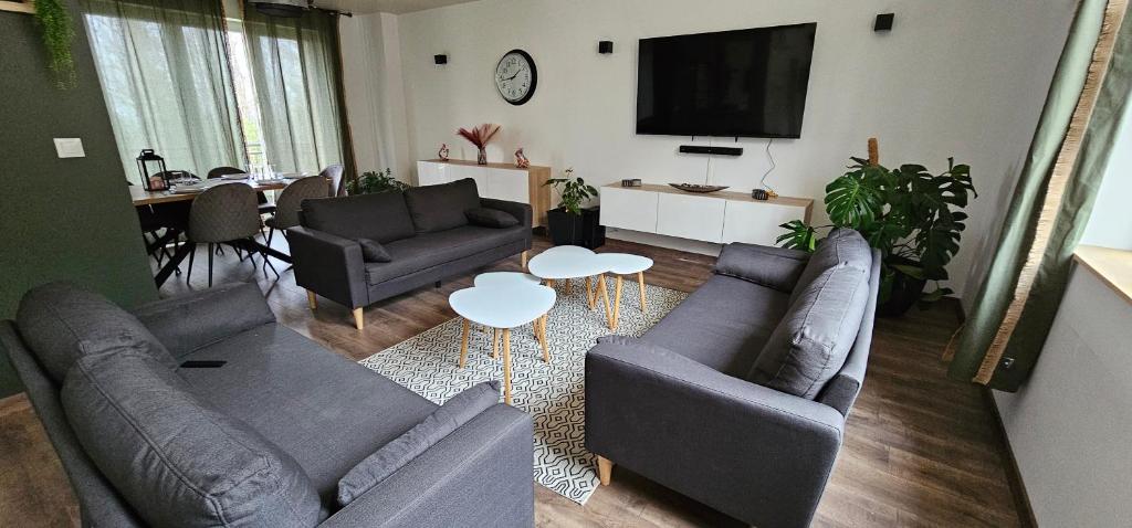 a living room with couches and a flat screen tv at Le Clos Maldier - Gîte de la Belle vue in Laon