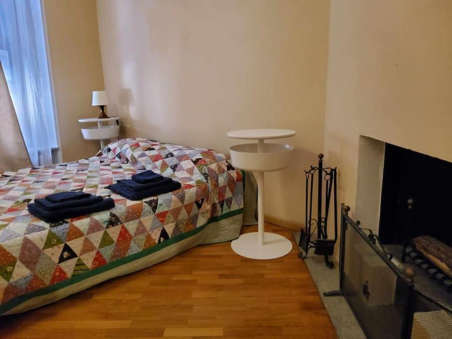 een slaapkamer met een bed en een open haard bij Antica casa Odone in Asti