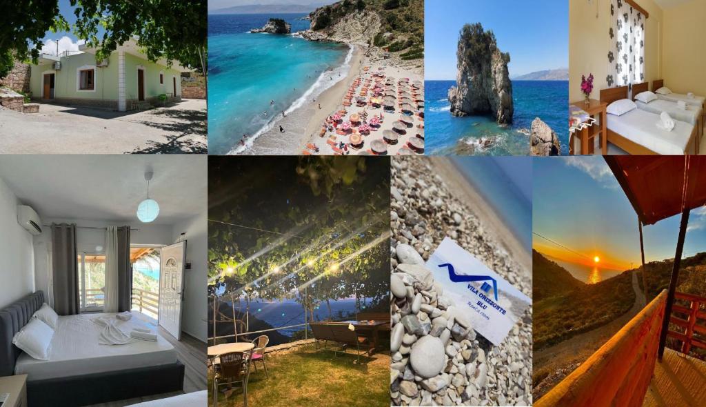 a collage of photos of a hotel and a beach at Vila Orizzonte blue in Sarandë