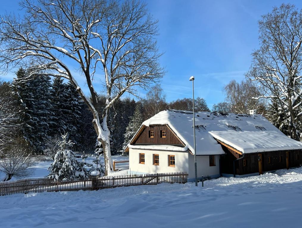 une maison blanche dans la neige avec un arbre dans l'établissement Hamerská chaloupka, à Hlinsko