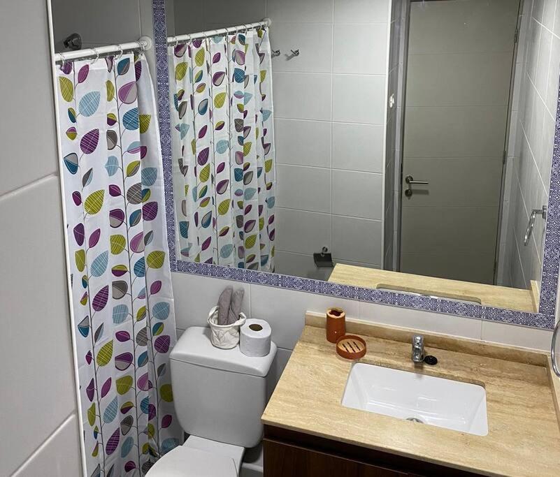 a bathroom with a toilet and a sink and a mirror at Dpto excelente ubicación con estacionamiento incluido in Antofagasta