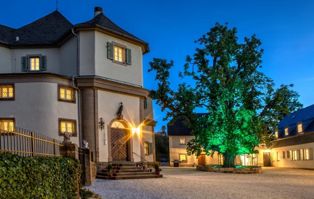 una casa con un árbol delante de ella en Schloß Falkenhaus en Bad Berneck im Fichtelgebirge