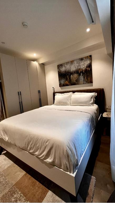 COZY & Serene Home في آكرا: غرفة نوم بسرير ابيض مع لوحة على الحائط