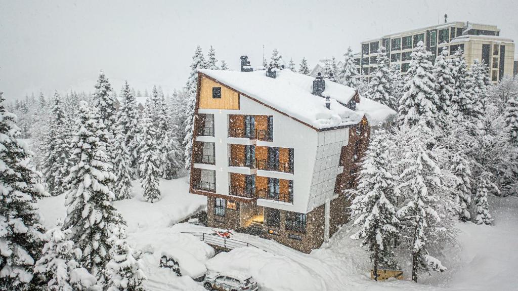 a building in the snow with snow covered trees at Forest Villa in Goderdzi