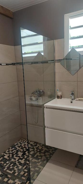 La salle de bains est pourvue d'une douche et d'un lavabo. dans l'établissement VILLA -Le Chalet Tropical, au Marin