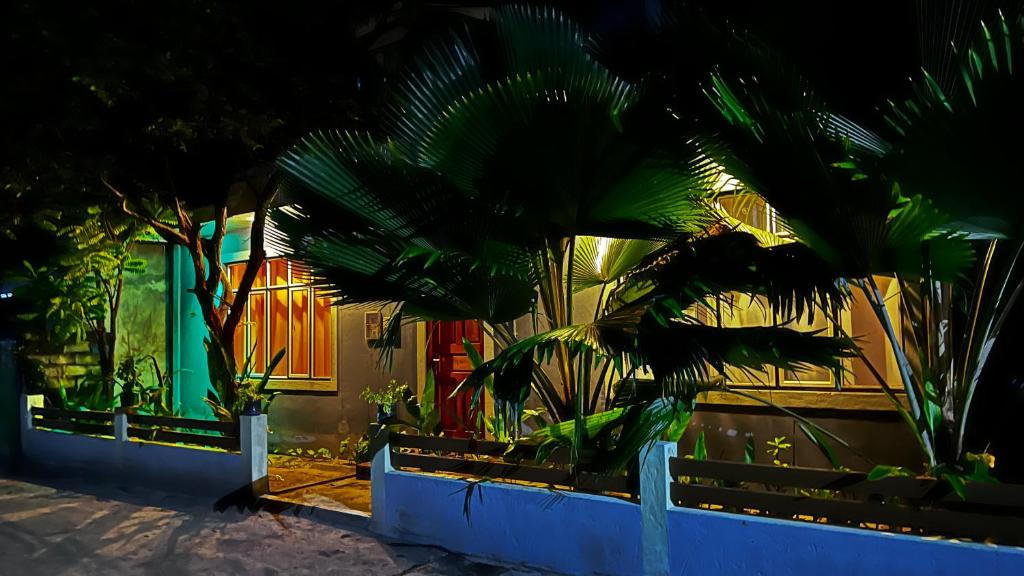 a house with palm trees in front of a fence at Saima Lodge in Himandhoo 