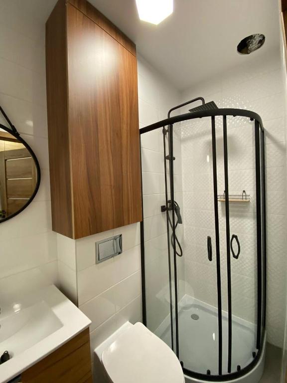 łazienka z prysznicem, toaletą i umywalką w obiekcie MH Apartments Centrum w mieście Rzeszów
