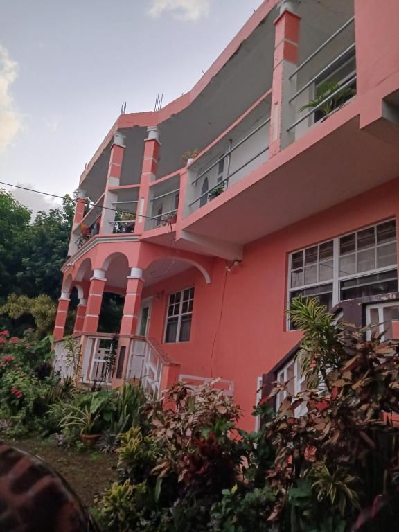 a pink house with windows and bushes at Mountain and Sea view Stay in Sandy Point Town