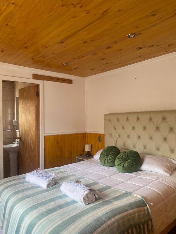 a bedroom with a bed with two green pillows on it at Hospedaje Cabaña y Restaurante Don Niba in Villa Cerro Castillo