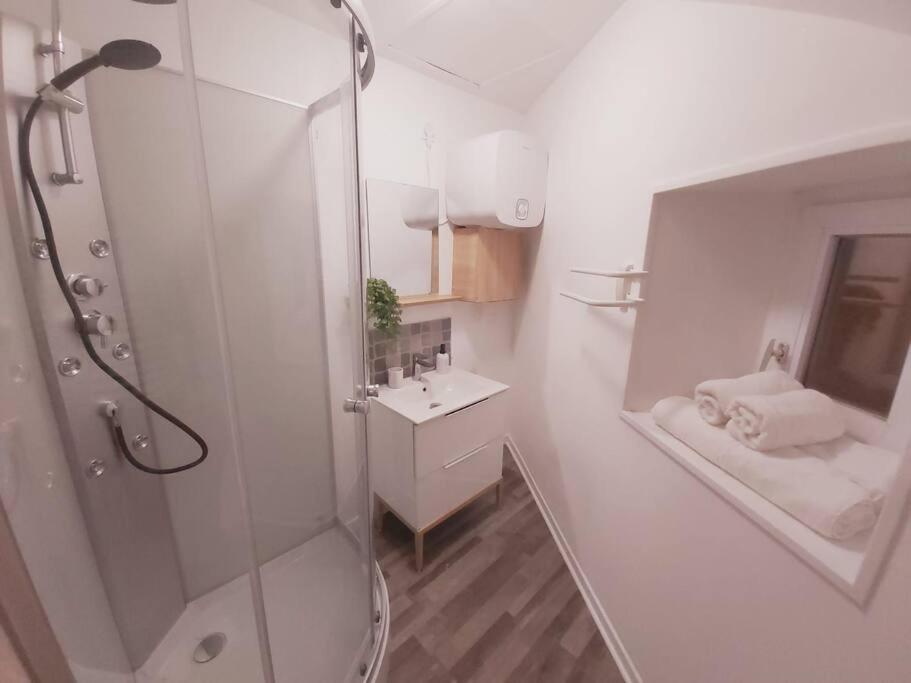 a white bathroom with a shower and a sink at Duplex Cosy 1 in Gouesnou