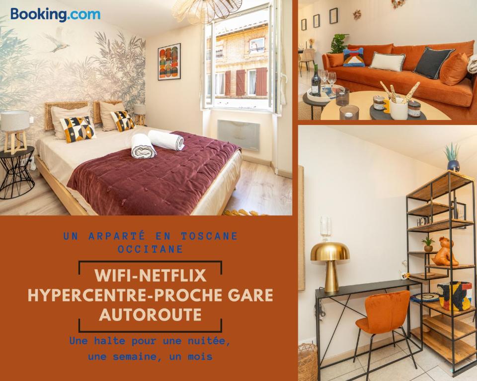 uma imagem de um quarto com uma cama e uma sala de estar em T2 Relax & Cosy en Toscane occitane-Gaillac hypercentre em Gaillac