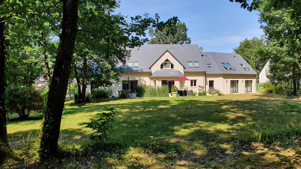 una gran casa blanca con un gran patio en Logis Saponine Chambres d'Hôtes au calme en Touraine en Savonnières
