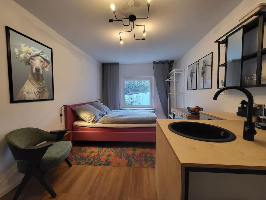 - une chambre avec un lit et un lavabo dans l'établissement Ruhiges Apartment & Veranda mit guter Anbindung, à Bochum