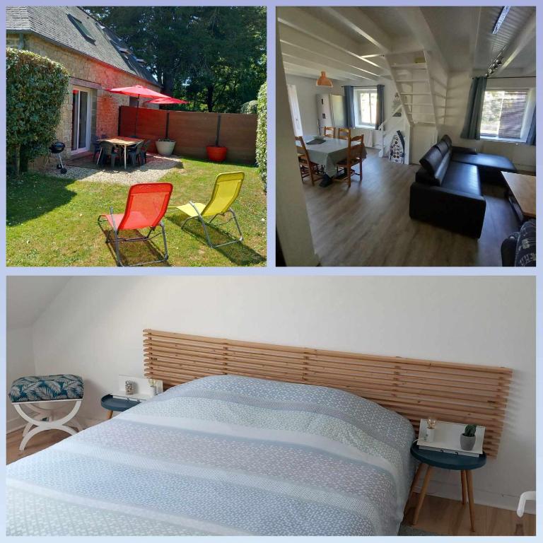 a bedroom and a living room with a bed and chairs at Gite Les Sables Blancs in Plobannalec-Lesconil