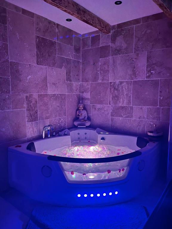 a purple bathroom with a tub with lights in it at SPA À LA MONTAGNE in Seyne