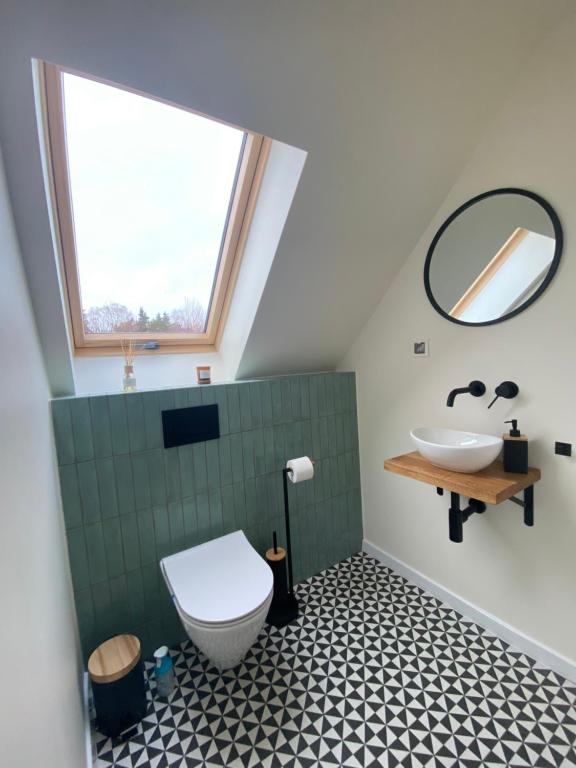 ein Badezimmer mit einem Waschbecken, einem WC und einem Spiegel in der Unterkunft Mielno Woodhouse in Mielno