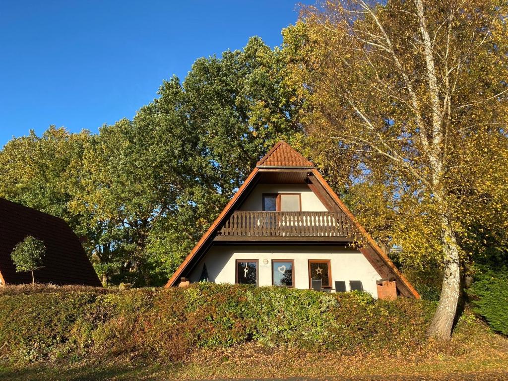 a house with a gambrel roof on top of a hill at Finnhäuser am Vogelpark - Haus Anke in Marlow