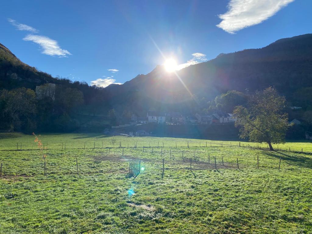 un campo con el sol brillando en una montaña en Au bord du gave, en Laruns