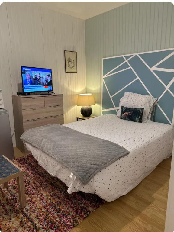 une chambre avec un lit et une télévision à écran plat dans l'établissement Studio avec petit déjeuner offert, à Châteaubriant