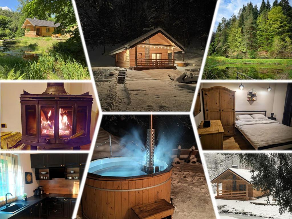 un collage de photos avec un jacuzzi et une maison dans l'établissement Bieszczady Domek Nad Stawem, à Lesko