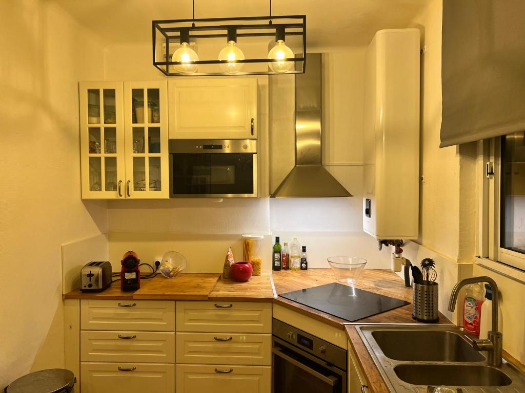 une cuisine avec un évier et une cuisinière four supérieur dans l'établissement Studio Climatisé Refait à neuf #16, à Toulon