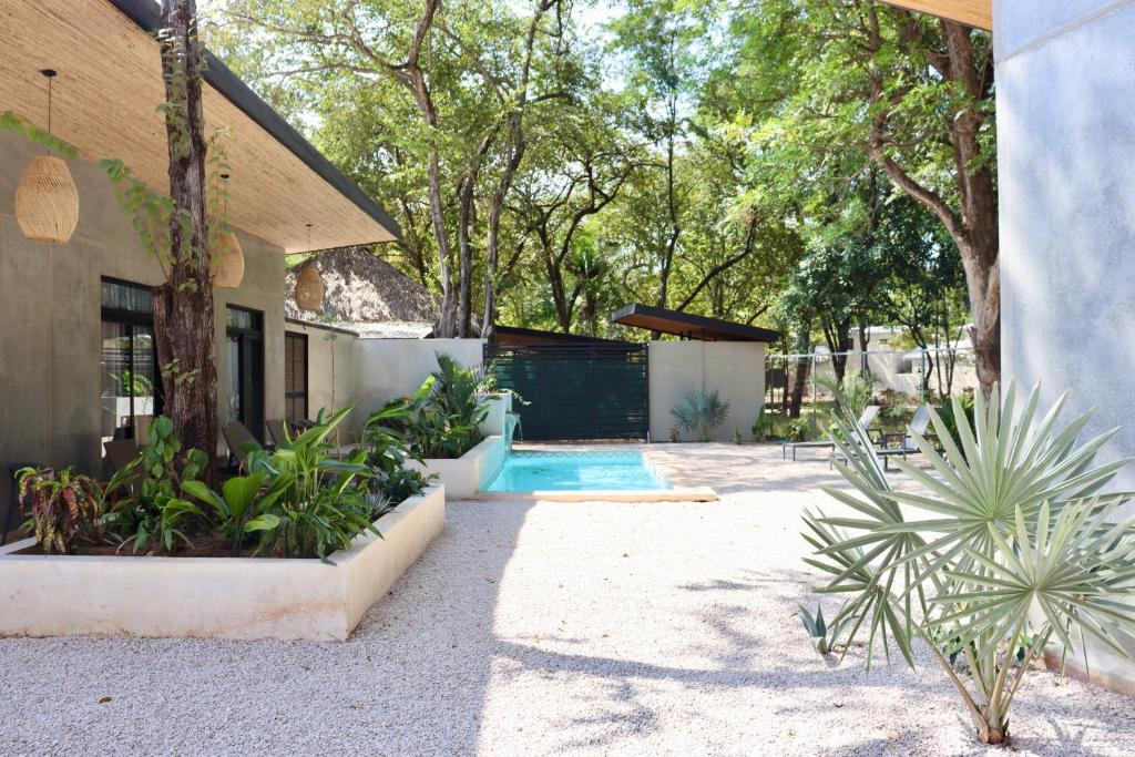 ein Haus mit Pool und einigen Pflanzen in der Unterkunft hotelitos dos hijas in Playa Grande