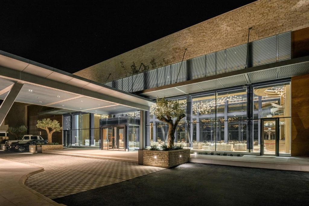 a building with a tree in front of it at night at Cap St Georges Hotel & Resort in Peyia