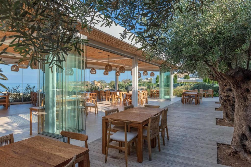 a restaurant with wooden tables and chairs and a tree at Cap St Georges Hotel & Resort in Peyia